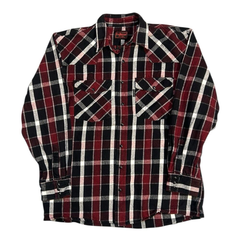 Five Brother Heavy Cotton Flannel Shirt Mens L Tall Red Plaid Pearl Snap EUC